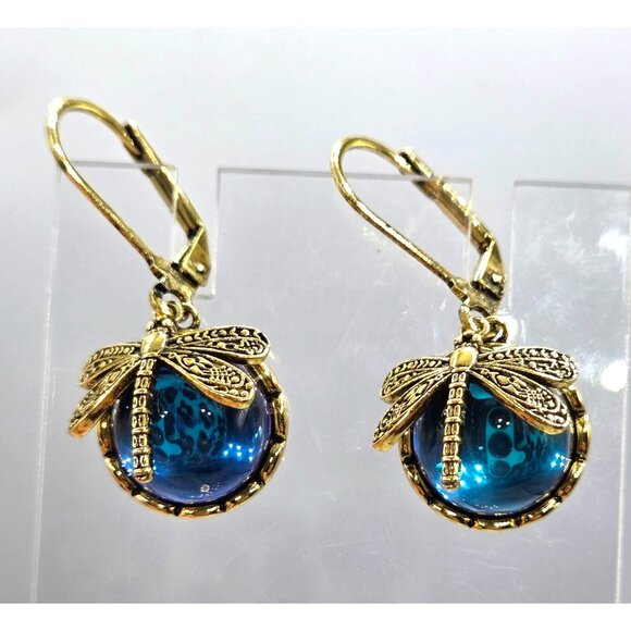 Gold Tone Dragonfly Leverback Earrings With Blue Cabochon Drop - Picture 2 of 2